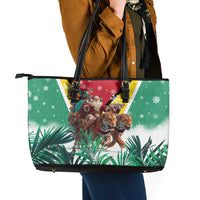 Guyana Flag Leather Tote Bag Christmas Santa Jaguar and National Motto Green Yellow - Wonder Print Shop