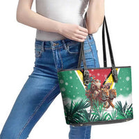 Guyana Flag Leather Tote Bag Christmas Santa Jaguar and National Motto Green Yellow - Wonder Print Shop