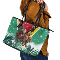 Guyana Flag Leather Tote Bag Christmas Santa Jaguar and National Motto Green Yellow - Wonder Print Shop