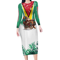 Guyana Flag Long Sleeve Bodycon Dress Christmas Santa Jaguar and National Motto Green Yellow - Wonder Print Shop