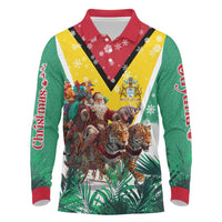 Guyana Flag Long Sleeve Polo Shirt Christmas Santa Jaguar and National Motto Green Yellow - Wonder Print Shop