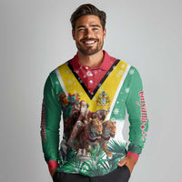Guyana Flag Long Sleeve Polo Shirt Christmas Santa Jaguar and National Motto Green Yellow - Wonder Print Shop
