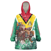 Guyana Flag Wearable Blanket Hoodie Christmas Santa Jaguar and National Motto Green Yellow - Wonder Print Shop