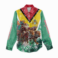 Guyana Flag Women Casual Shirt Christmas Santa Jaguar and National Motto Green Yellow - Wonder Print Shop