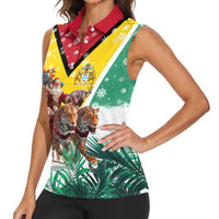 Guyana Flag Women Sleeveless Polo Shirt Christmas Santa Jaguar and National Motto Green Yellow - Wonder Print Shop