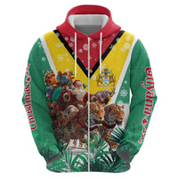 Guyana Flag Zip Hoodie Christmas Santa Jaguar and National Motto Green Yellow - Wonder Print Shop