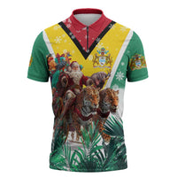 Guyana Flag Zipper Polo Shirt Christmas Santa Jaguar and National Motto Green Yellow - Wonder Print Shop