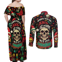 Skull Christmas Couples Matching Off Shoulder Maxi Dress and Long Sleeve Button Shirts When You're Dead Inside But It's Christmas - Wonder Print Shop