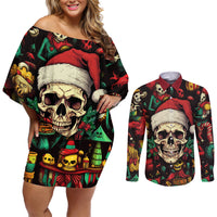 Skull Christmas Couples Matching Off Shoulder Short Dress and Long Sleeve Button Shirts When You're Dead Inside But It's Christmas - Wonder Print Shop