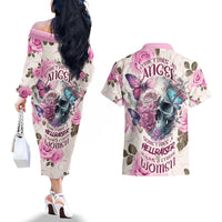 Women Skull Couples Matching Off The Shoulder Long Sleeve Dress and Hawaiian Shirt Some Time An Angel Hellraiser Always A Strong Women - Wonder Print Shop