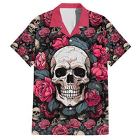 Black skull and rose Hawaiian shirt with burgundy collar, front buttoned placket