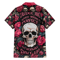 Black skull and rose Hawaiian shirt with burgundy collar and red script text