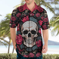 Black skull and rose Hawaiian shirt on model, burgundy collar and short sleeves