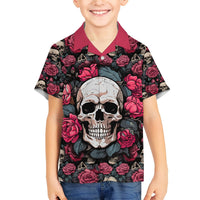 Black skull and rose Hawaiian shirt on child, burgundy collar and short sleeves