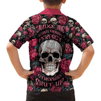 Black skull and rose Hawaiian shirt with back graphic skull, roses, and red text