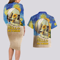 Van Gogh Style Skull Couples Matching Long Sleeve Bodycon Dress and Hawaiian Shirt Hello My Friend - Wonder Print Shop