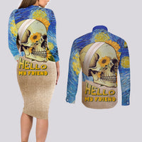 Van Gogh Style Skull Couples Matching Long Sleeve Bodycon Dress and Long Sleeve Button Shirts Hello My Friend - Wonder Print Shop