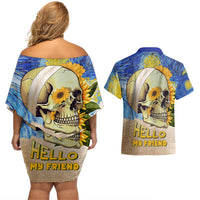 Van Gogh Style Skull Couples Matching Off Shoulder Short Dress and Hawaiian Shirt Hello My Friend - Wonder Print Shop