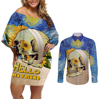 Van Gogh Style Skull Couples Matching Off Shoulder Short Dress and Long Sleeve Button Shirts Hello My Friend - Wonder Print Shop