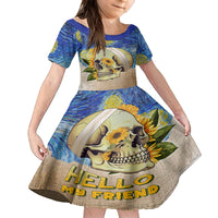 Van Gogh Style Skull Family Matching Off Shoulder Long Sleeve Dress and Hawaiian Shirt Hello My Friend - Wonder Print Shop