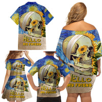 Van Gogh Style Skull Family Matching Off Shoulder Short Dress and Hawaiian Shirt Hello My Friend - Wonder Print Shop