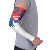 Serbia Christmas Arm Sleeves with Wolf Howling Moon Serbian Flag and Red Blue White Winter Forest Pattern Design - Wonder Print Shop
