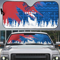 Serbia Christmas Auto Sun Shade with Wolf Howling Moon Serbian Flag and Red Blue White Winter Forest Pattern Design - Wonder Print Shop