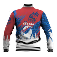 Serbia Christmas Baseball Jacket with Wolf Howling Moon Serbian Flag and Red Blue White Winter Forest Pattern Design - Wonder Print Shop