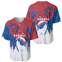 Serbia Christmas Baseball Jersey with Wolf Howling Moon Serbian Flag and Red Blue White Winter Forest Pattern Design - Wonder Print Shop