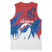 Serbia Christmas Basketball Jersey with Wolf Howling Moon Serbian Flag and Red Blue White Winter Forest Pattern Design - Wonder Print Shop