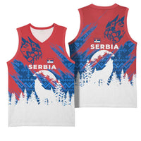 Serbia Christmas Basketball Jersey with Wolf Howling Moon Serbian Flag and Red Blue White Winter Forest Pattern Design - Wonder Print Shop