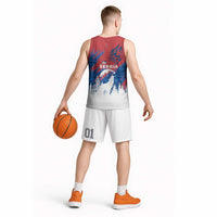 Serbia Christmas Basketball Jersey with Wolf Howling Moon Serbian Flag and Red Blue White Winter Forest Pattern Design - Wonder Print Shop