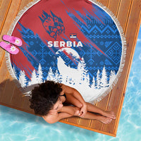 Serbia Christmas Beach Blanket with Wolf Howling Moon Serbian Flag and Red Blue White Winter Forest Pattern Design - Wonder Print Shop