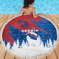 Serbia Christmas Beach Blanket with Wolf Howling Moon Serbian Flag and Red Blue White Winter Forest Pattern Design - Wonder Print Shop