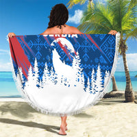 Serbia Christmas Beach Blanket with Wolf Howling Moon Serbian Flag and Red Blue White Winter Forest Pattern Design - Wonder Print Shop