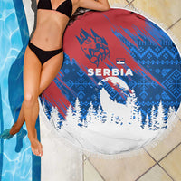 Serbia Christmas Beach Blanket with Wolf Howling Moon Serbian Flag and Red Blue White Winter Forest Pattern Design - Wonder Print Shop