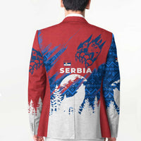 Serbia Christmas Blazer with Wolf Howling Moon Serbian Flag and Red Blue White Winter Forest Pattern Design - Wonder Print Shop