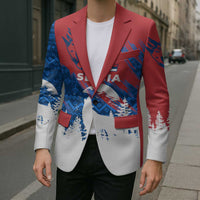 Serbia Christmas Blazer with Wolf Howling Moon Serbian Flag and Red Blue White Winter Forest Pattern Design - Wonder Print Shop