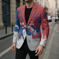 Serbia Christmas Blazer with Wolf Howling Moon Serbian Flag and Red Blue White Winter Forest Pattern Design - Wonder Print Shop