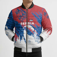 Serbia Christmas Bomber Puffer Jacket with Wolf Howling Moon Serbian Flag and Red Blue White Winter Forest Pattern Design - Wonder Print Shop