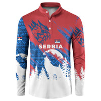 Serbia Christmas Button Sweatshirt with Wolf Howling Moon Serbian Flag and Red Blue White Winter Forest Pattern Design - Wonder Print Shop