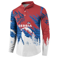 Serbia Christmas Button Sweatshirt with Wolf Howling Moon Serbian Flag and Red Blue White Winter Forest Pattern Design - Wonder Print Shop