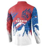 Serbia Christmas Button Sweatshirt with Wolf Howling Moon Serbian Flag and Red Blue White Winter Forest Pattern Design - Wonder Print Shop