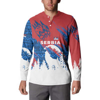 Serbia Christmas Button Sweatshirt with Wolf Howling Moon Serbian Flag and Red Blue White Winter Forest Pattern Design - Wonder Print Shop