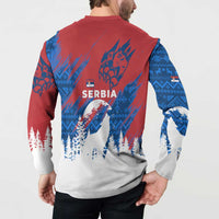Serbia Christmas Button Sweatshirt with Wolf Howling Moon Serbian Flag and Red Blue White Winter Forest Pattern Design - Wonder Print Shop