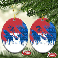 Serbia Christmas Ceramic Ornament with Wolf Howling Moon Serbian Flag and Red Blue White Winter Forest Pattern Design - Wonder Print Shop