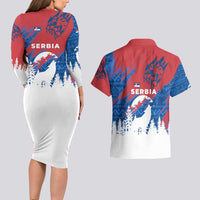 Serbia Christmas Couples Matching Long Sleeve Bodycon Dress and Hawaiian Shirt with Wolf Howling Moon Serbian Flag and Red Blue White Winter Forest Pattern Design - Wonder Print Shop