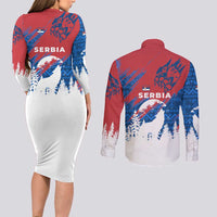 Serbia Christmas Couples Matching Long Sleeve Bodycon Dress and Long Sleeve Button Shirt with Wolf Howling Moon Serbian Flag and Red Blue White Winter Forest Pattern Design - Wonder Print Shop