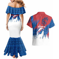 Serbia Christmas Couples Matching Mermaid Dress and Hawaiian Shirt with Wolf Howling Moon Serbian Flag and Red Blue White Winter Forest Pattern Design - Wonder Print Shop