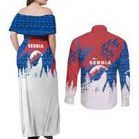 Serbia Christmas Couples Matching Off Shoulder Maxi Dress and Long Sleeve Button Shirt with Wolf Howling Moon Serbian Flag and Red Blue White Winter Forest Pattern Design - Wonder Print Shop